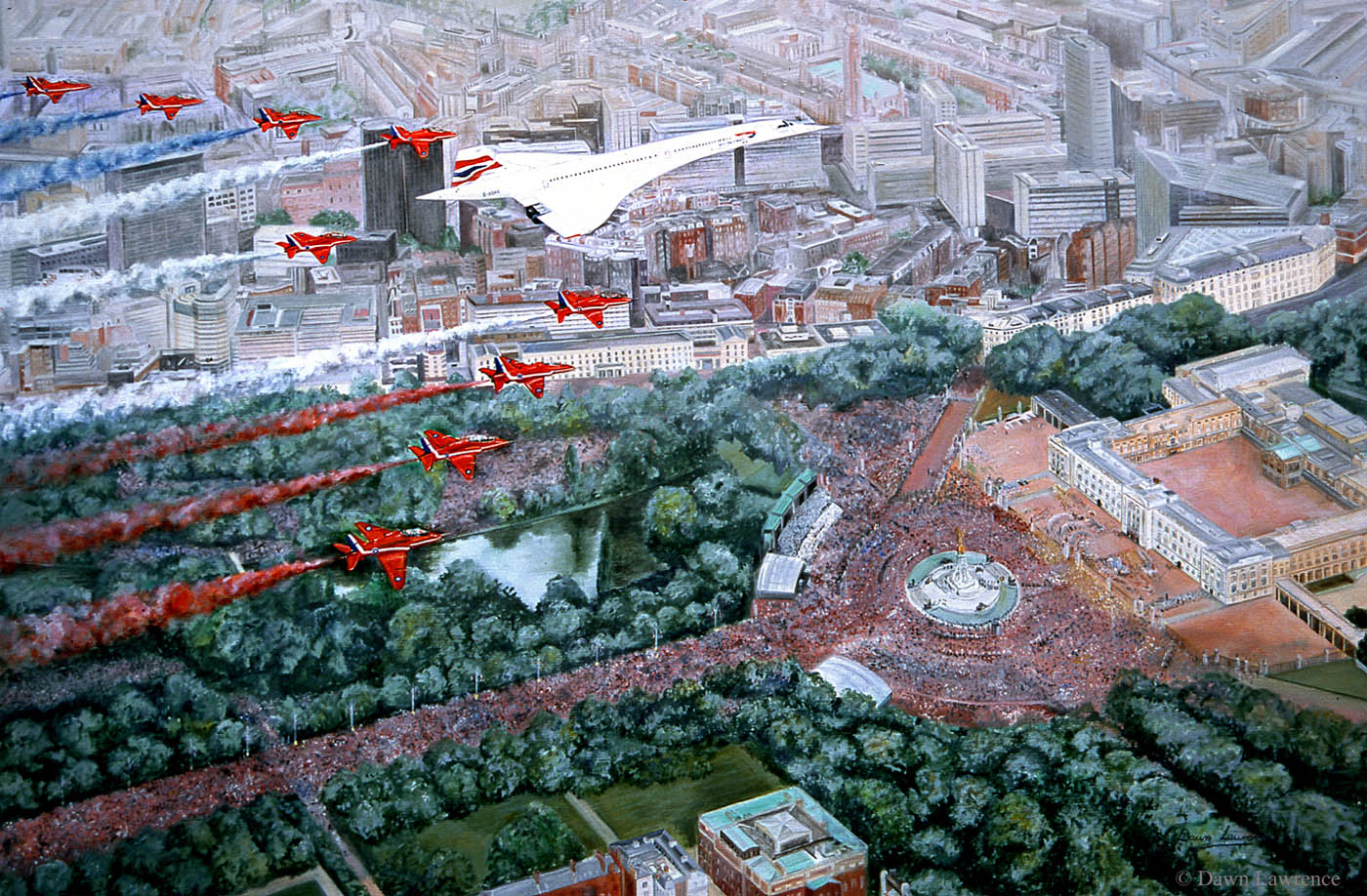 Concorde flying over Buckingham Palace. oil painting