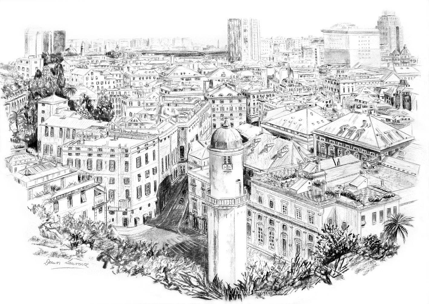 view of Genova, Italy charcoal drawing