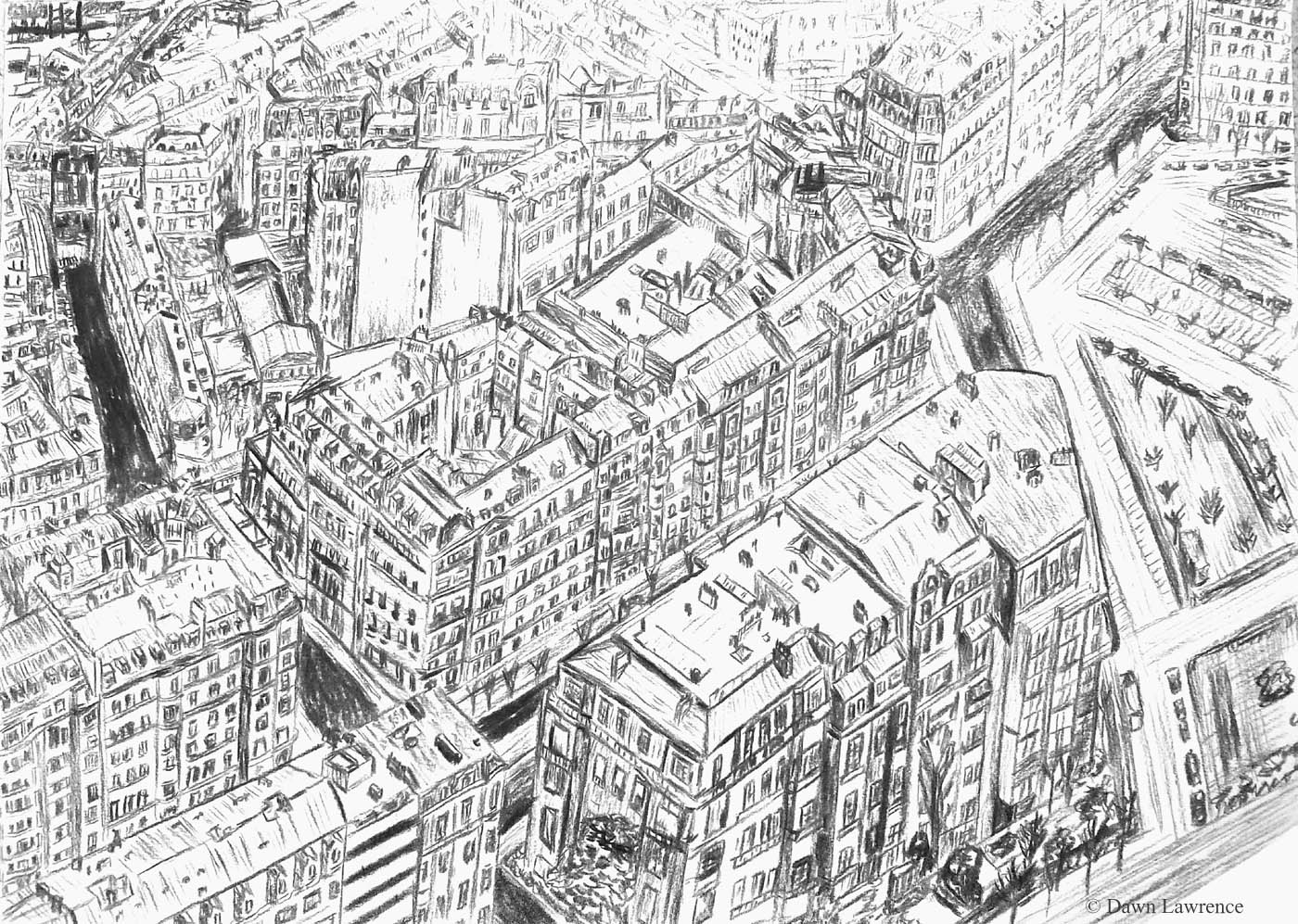 charcoal painting of Paris from ArcDe Triomph